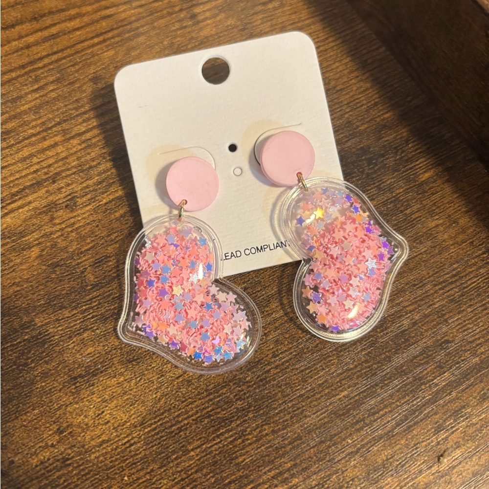 Pink Heart Glitter Earrings for Kids